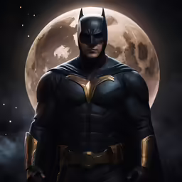 batman standing in front of the moon and wearing a bat costume