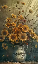 an ornate vase filled with sunflowers sitting on top of a table