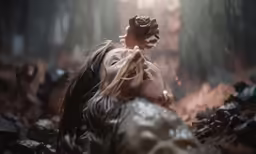 there is a woman that has a flower on her head