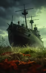 an old ship floating on top of grass next to trees