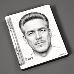 a picture with a man in the middle, and a pencil next to it