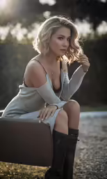 an attractive woman in boots posing on the side of the road