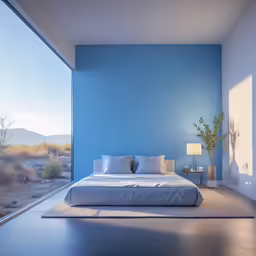 large bed in modern bedroom on floor near open window