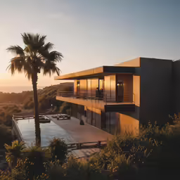 a modern building overlooks the ocean and trees