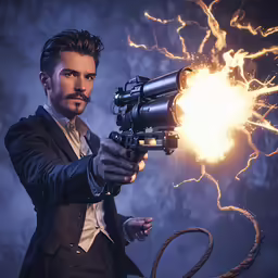 the man in a suit holding an old gun with a long metal whip