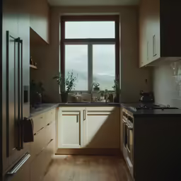 the kitchen cabinets in this house are painted neutral