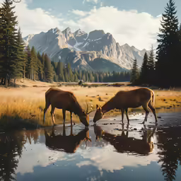 the two deer are drinking water from the lake