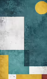 a large blue, white and yellow painting on a wall