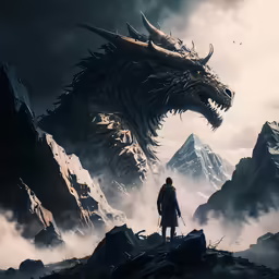 the man standing next to a giant dragon in the middle of nowhere