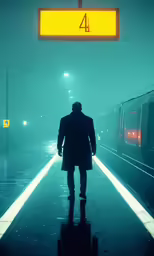 a man walks on the train station at night