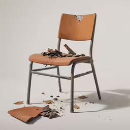 an old chair with a torn brown seat and broken doors