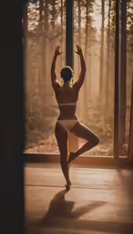 a woman in white and black outfit doing yoga