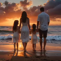 there is a man and two small children holding hands walking along the beach