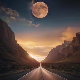 a long stretch road leads up to the moon with mountains and grass