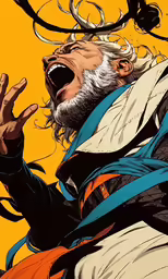 a man screaming and a bird flying over his head