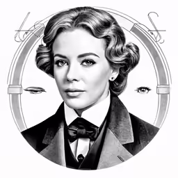 a drawing of an older woman wearing a suit and bow tie