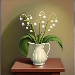 a painting of a white vase holding flowers on a red table,a painting of a white jug with some lilies in it,a painting of lily of the valley in a cream - colored pitcher on a wooden table,a painting of a vase with lilies on a table,a painting of lilies and some green leaves in a white vase
