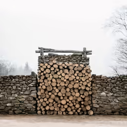 a pile of logs sitting next to a stone wall