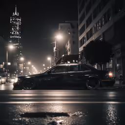 a car driving down a street in the night