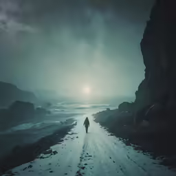 a lone person walking away from the sun in a dark, foggy landscape