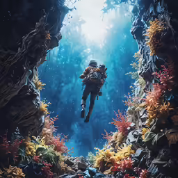 a person on a motorcycle is scubaing in the water