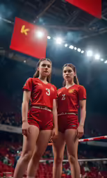 two women wearing shorts standing in front of a red pole