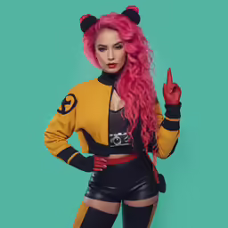 a female with pink hair and a yellow and black jacket
