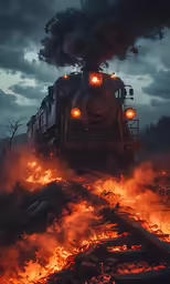 a train traveling past lots of fire with lots of smoke coming out