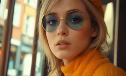 woman in sunglasses and hat leaning on the back of a bus