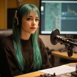 the young woman is sitting in front of the microphone wearing headphones