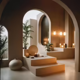 a modern and simple bathroom setting with candles, mirror, plant, and urn