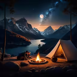 two people camping in the woods under a starr lit sky