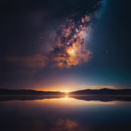 the night sky above mountains is reflected in a calm lake