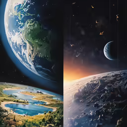 two views of planets, one of which is in space
