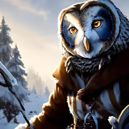 an owl is dressed in brown and white, holding a sword