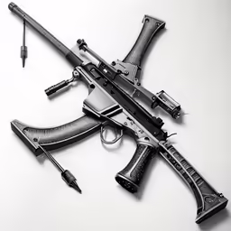 a rifle with a gun rest next to it