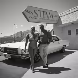 a man and a woman stand in front of a car with a sign that reads stram