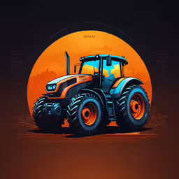 a tractor sits in front of the setting sun,the front view of an illustration of a tractor