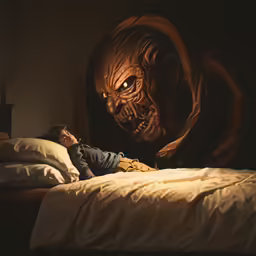 a man laying in bed beside a giant creature
