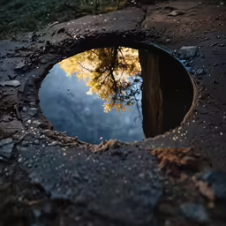 a reflection of trees and sky in a puddle of water