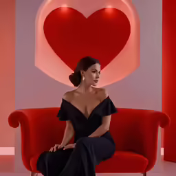 a woman sitting on a red chair in front of a giant heart