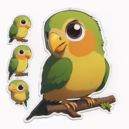 three colorful birds with different facial expressions on their body