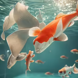 several different colored fishes swim together in the water