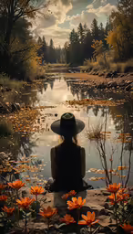 a woman is sitting next to a river surrounded by lilies