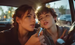 two people with a cell phone and car seat