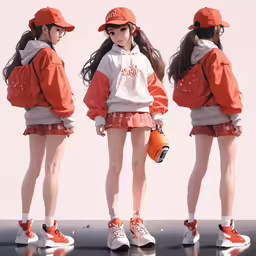 three girls with orange hats and backpacks looking over their shoulder