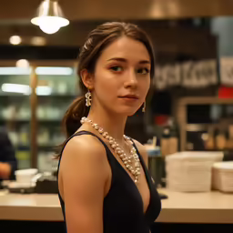 the beautiful woman is posing in a black dress