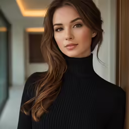 a close up of a person wearing a black top and long hair