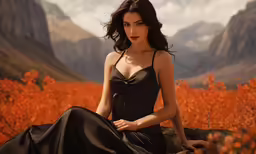 a woman is sitting on a rock in the mountains