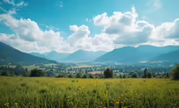 a field of grass, mountains and trees in the distance